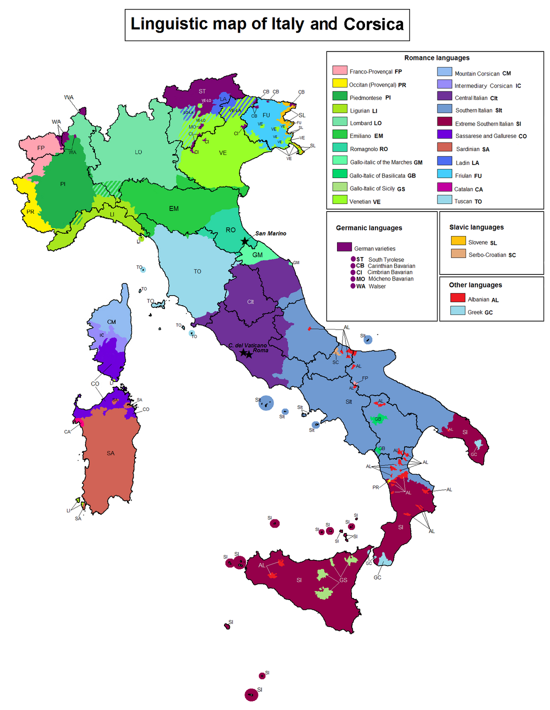 Mappa delle lingue e dei gruppi dialettali parlati in Italia